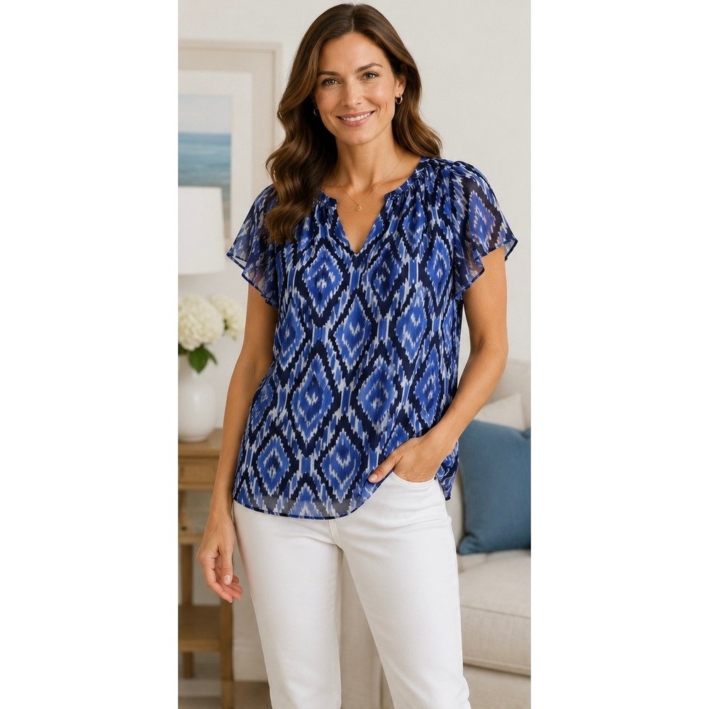 Talbots Womens M Blue Ikat Blouse Flutter Sleeve Sheer Lined Boho Geometric Top